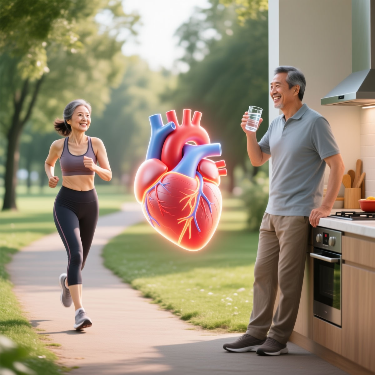 Lifestyle image showing exercise, healthy food, and heart attack prevention